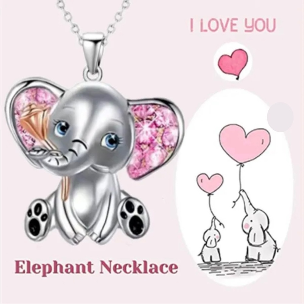 Silver & pink Enamel Baby Elephant with a pink crystal heart & silver chain